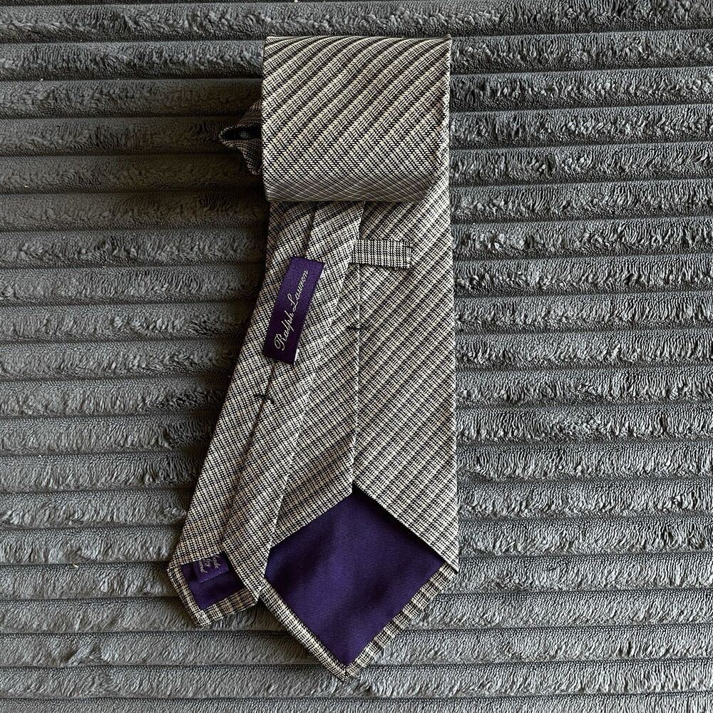 Ralph Lauren Purple Label Collection  Print Silk Tie 58.5 Gold Black Striped